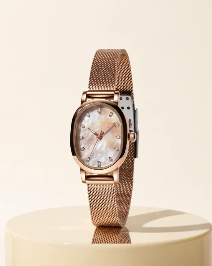 Relógio feminino Madrepérola Milanesa 30 mm com mostrador em madrepérola e pulseira milanesa rosé