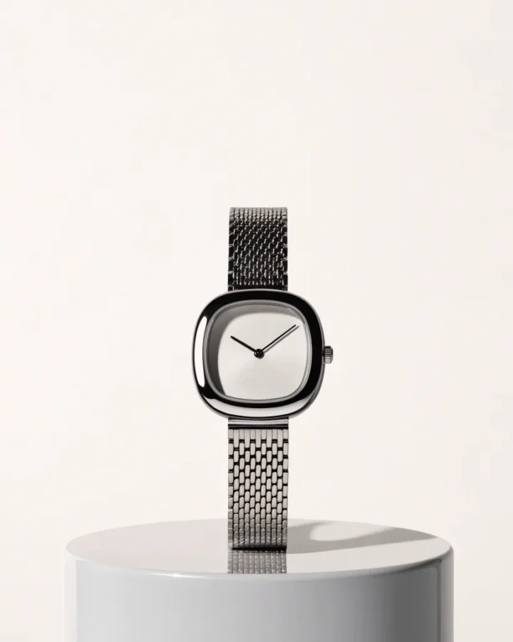 Relógio feminino Minimal Aço 34 mm com mostrador branco e pulseira de malha de aço